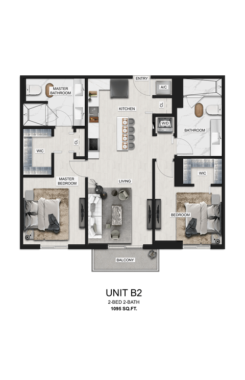 Floor plan for 2 beds, 2 baths, 1095 sqft